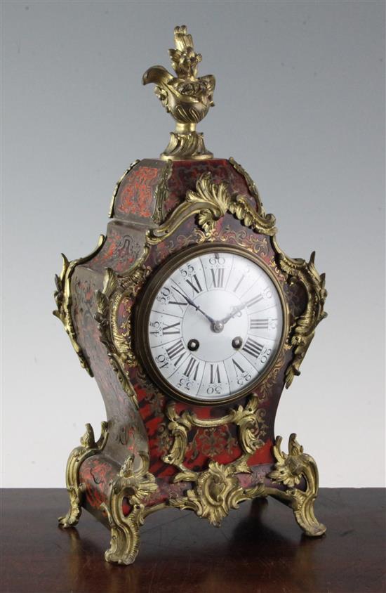 A French ormolu mounted red boulle mantel clock, 16in.
